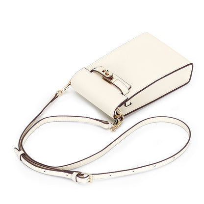 Cream white genuine leather mini phone bag with Kelly-style gold lock and adjustable crossbody strap.