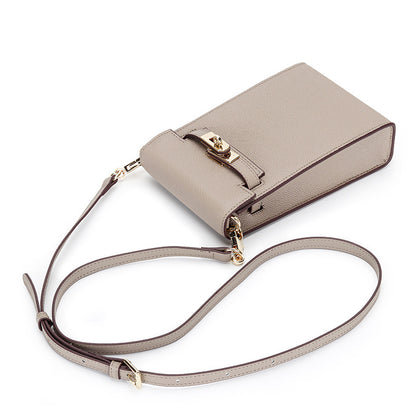 Taupe genuine leather mini phone bag with Kelly-style gold lock and adjustable shoulder strap.