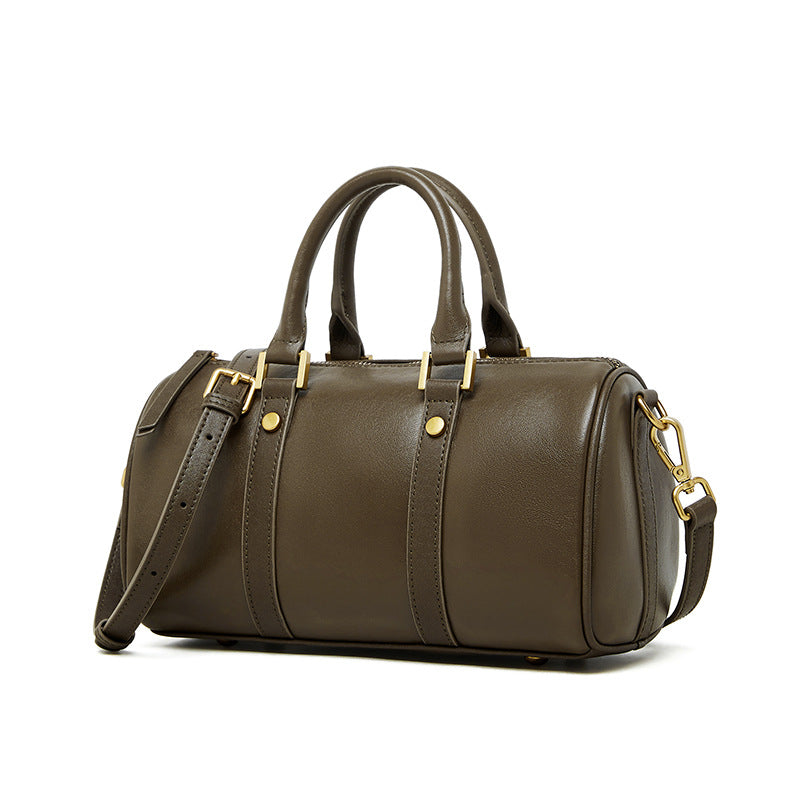 Olive Green top grain leather Boston bag with retro design and gold hardware.