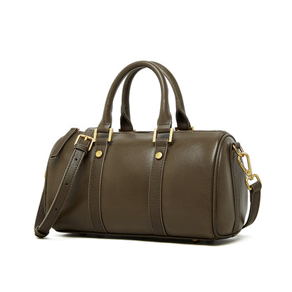 Olive Green top grain leather Boston bag with retro design and gold hardware.