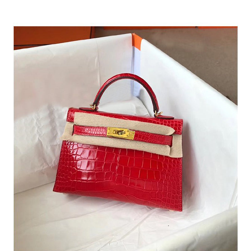 Inspired Mini Kelli 20 Croc Embossed Leather Chain Bag Golden Hardware