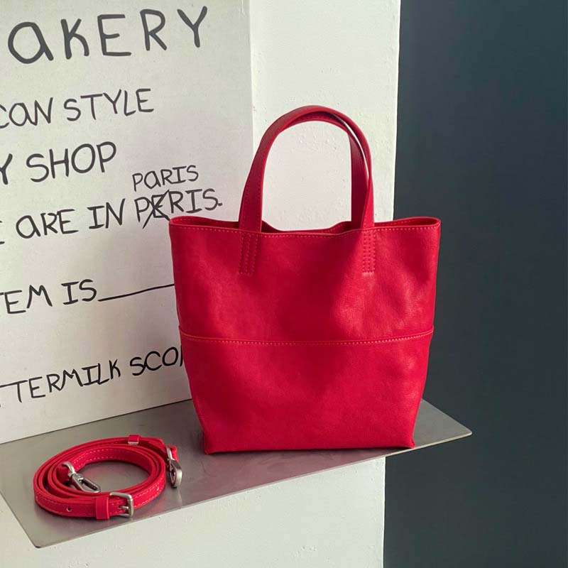 Vibrant red premium cowhide leather mini tote bag, 2-way carry handbag with detachable shoulder strap.