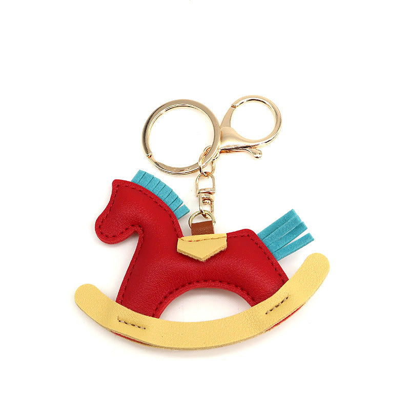 Cartoon Rocking Horse Bag Charm Faux Leather Keychain Pendant