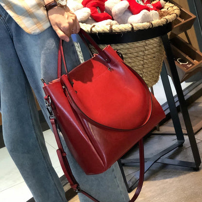 Oil Wax Leather Bucket Bag - Genuine Leather Tote Crossbody Bag