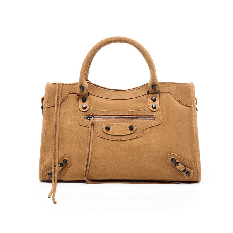 Nubuck Leather Moto City Tote Bag - Large Studded Hobo Purse
