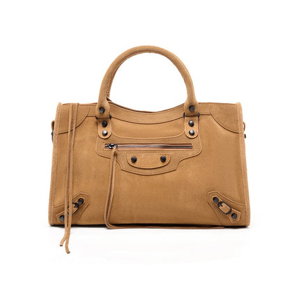 Nubuck Leather Moto City Tote Bag - Large Studded Hobo Purse