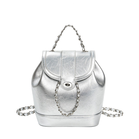 Retro Silver Leather Chain Bag Woman Travel Backpack