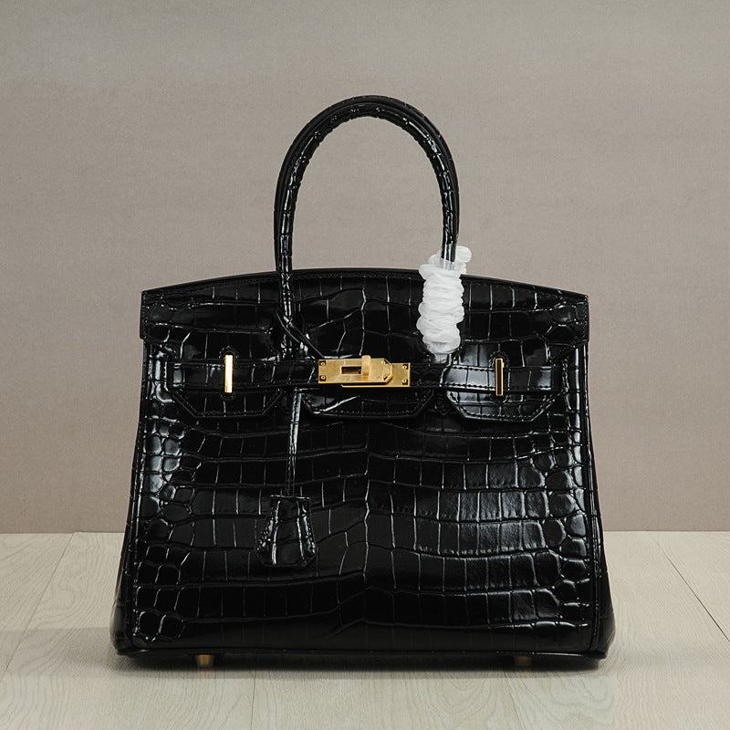 Crocodile Pattern Glossy Leather Handbags for Woman | Golden Hardware