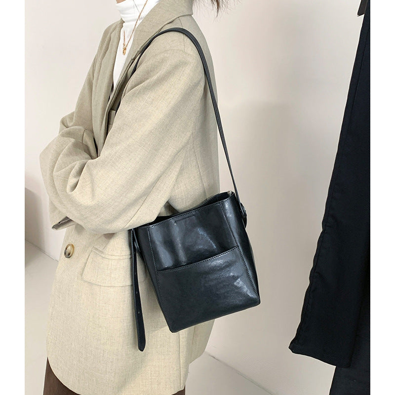 Vintage Vegetable Tanned Leather Bucket Bag - Minimalist Crossbody