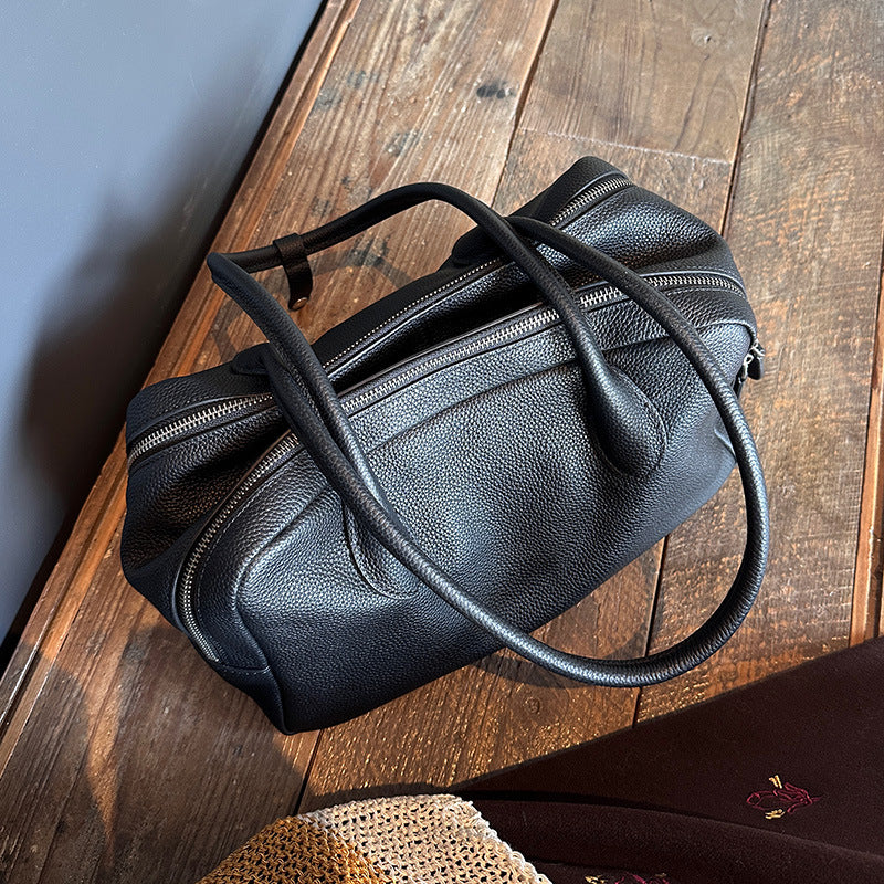 Genuine Leather Boston Bag | Large Capacity Underarm Tote & Bowling Shoulder Bag