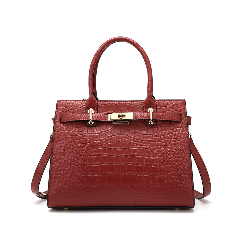 Croc-Embossed Genuine Leather Tote - Elegant Top-Handle Satchel Bag for Women