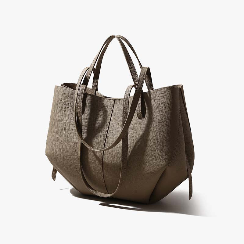 Genuine Leather Pleated Tote Bag Large Capacity Handbag with Pouch