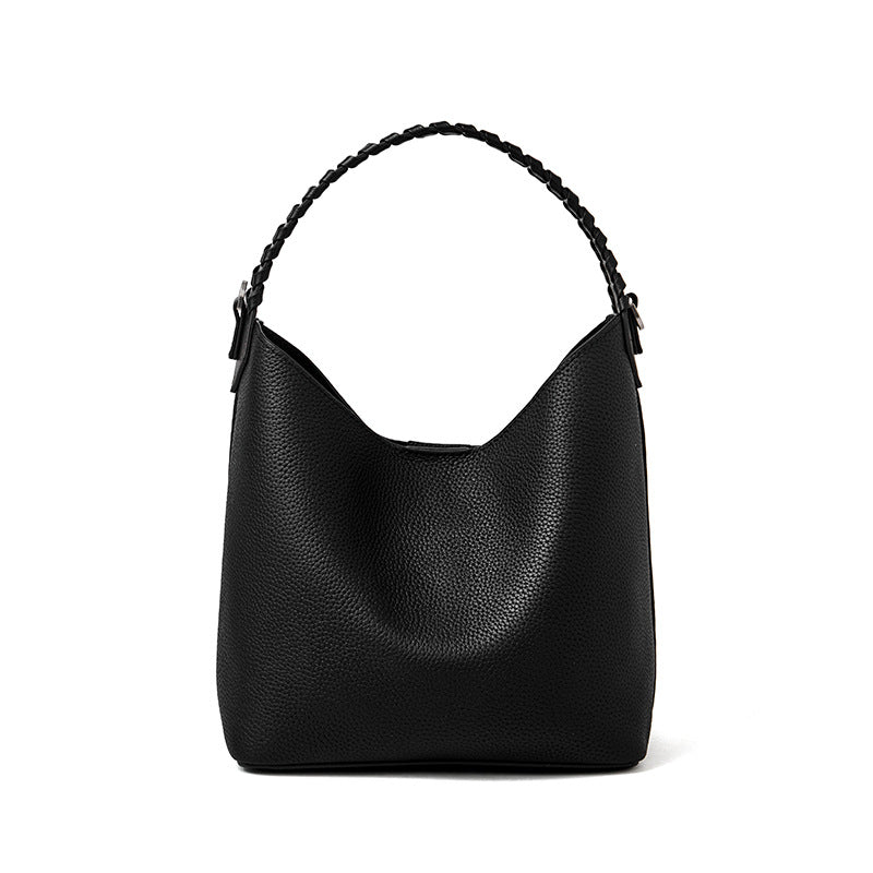 Premium Soft Top Grain Leather Bucket Bag - Minimalist Hobo Tote with Inner Pouch