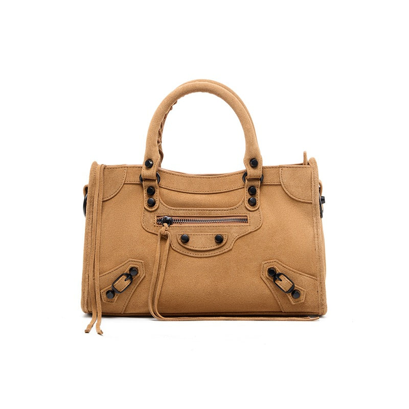Nubuck Leather Moto City Tote Bag - Large Studded Hobo Purse