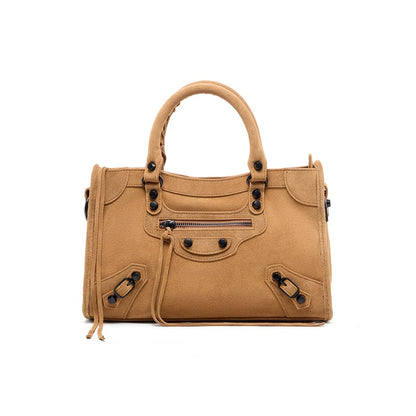 Nubuck Leather Moto City Tote Bag - Large Studded Hobo Purse