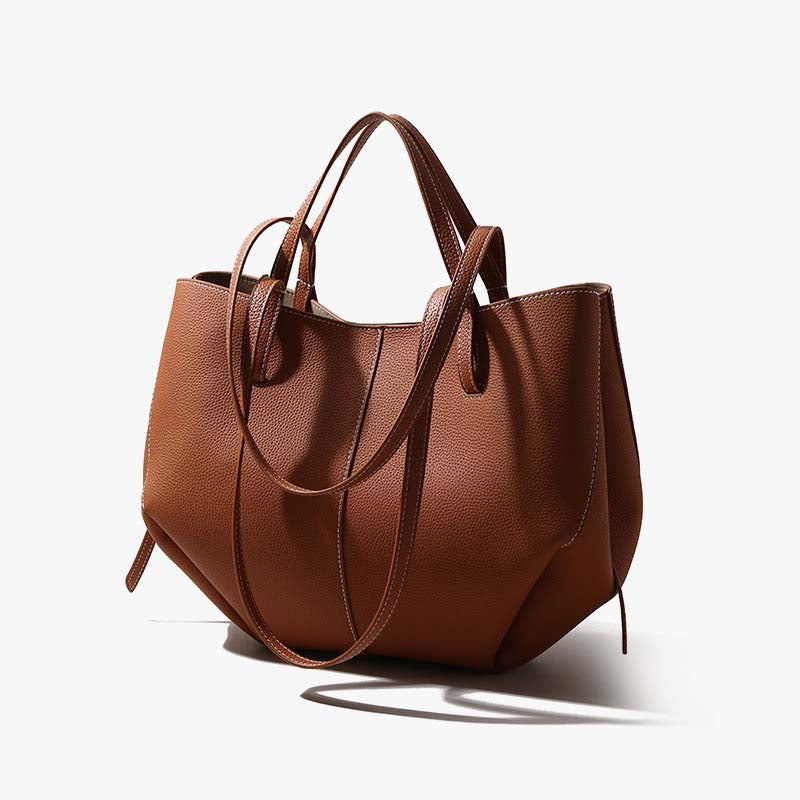 Genuine Leather Pleated Tote Bag Large Capacity Handbag with Pouch