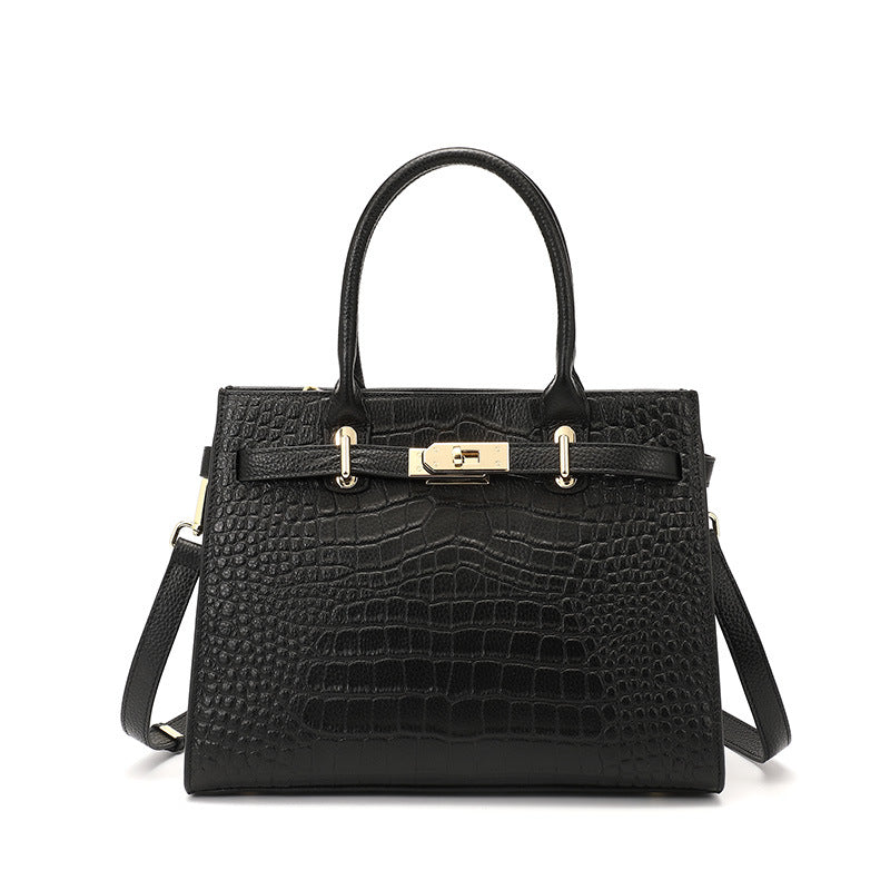 Croc-Embossed Genuine Leather Tote - Elegant Top-Handle Satchel Bag for Women