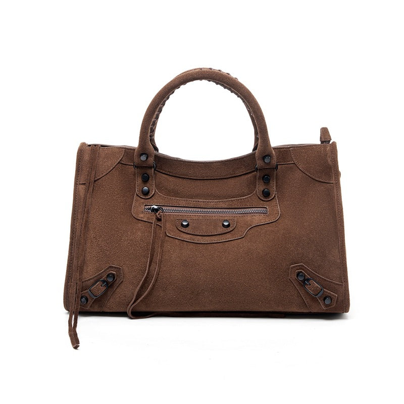Nubuck Leather Moto City Tote Bag - Large Studded Hobo Purse
