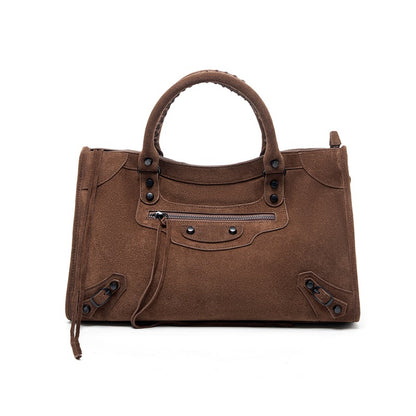 Nubuck Leather Moto City Tote Bag - Large Studded Hobo Purse