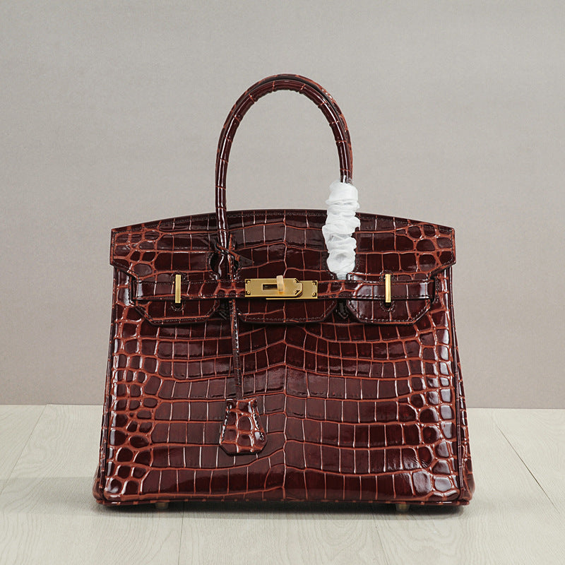 Crocodile Pattern Glossy Leather Handbags for Woman | Golden Hardware