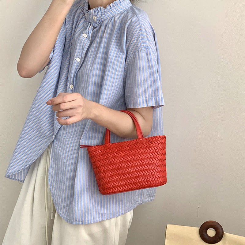 Woven Cowhide Tote Bag — Holiday-Style Small Woven Leather Crossbody Bag