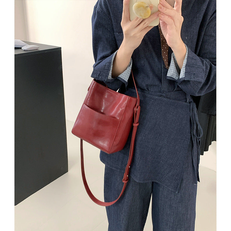 Vintage Vegetable Tanned Leather Bucket Bag - Minimalist Crossbody