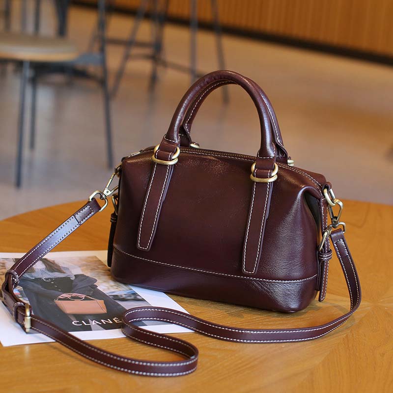 Vegetable-tanned Leather Boston Bag | Cowhide Crossbody Handbag