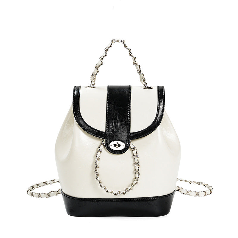 Retro Silver Leather Chain Bag Woman Travel Backpack