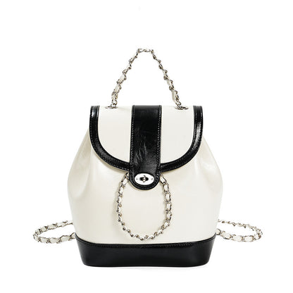 Retro Silver Leather Chain Bag Woman Travel Backpack
