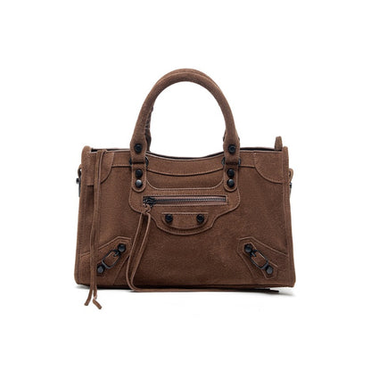 Nubuck Leather Moto City Tote Bag - Large Studded Hobo Purse