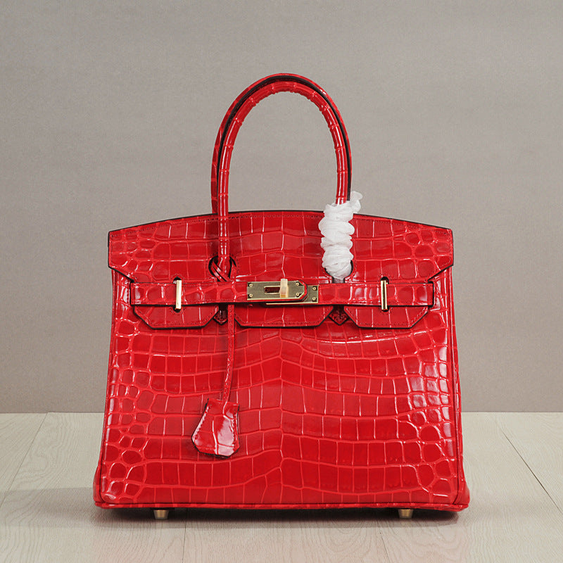 Crocodile Pattern Glossy Leather Handbags for Woman | Golden Hardware