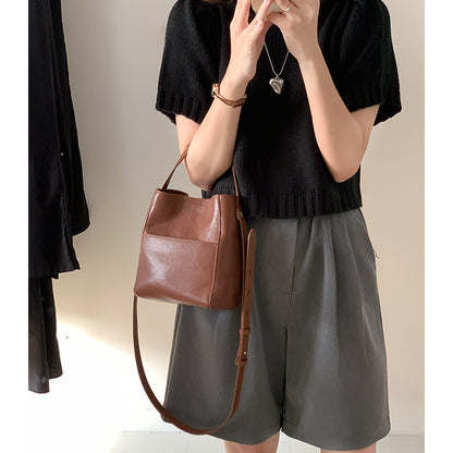 Vintage Vegetable Tanned Leather Bucket Bag - Minimalist Crossbody