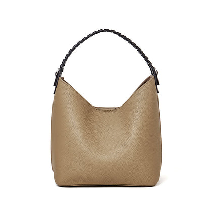 Premium Soft Top Grain Leather Bucket Bag - Minimalist Hobo Tote with Inner Pouch