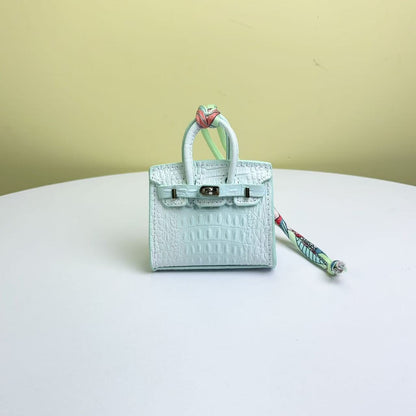 Inspired Mini Burkin Bag Charm Crocodile Pattern Real Leather Earphone Storage Bag