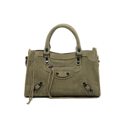 Nubuck Leather Moto City Tote Bag - Large Studded Hobo Purse