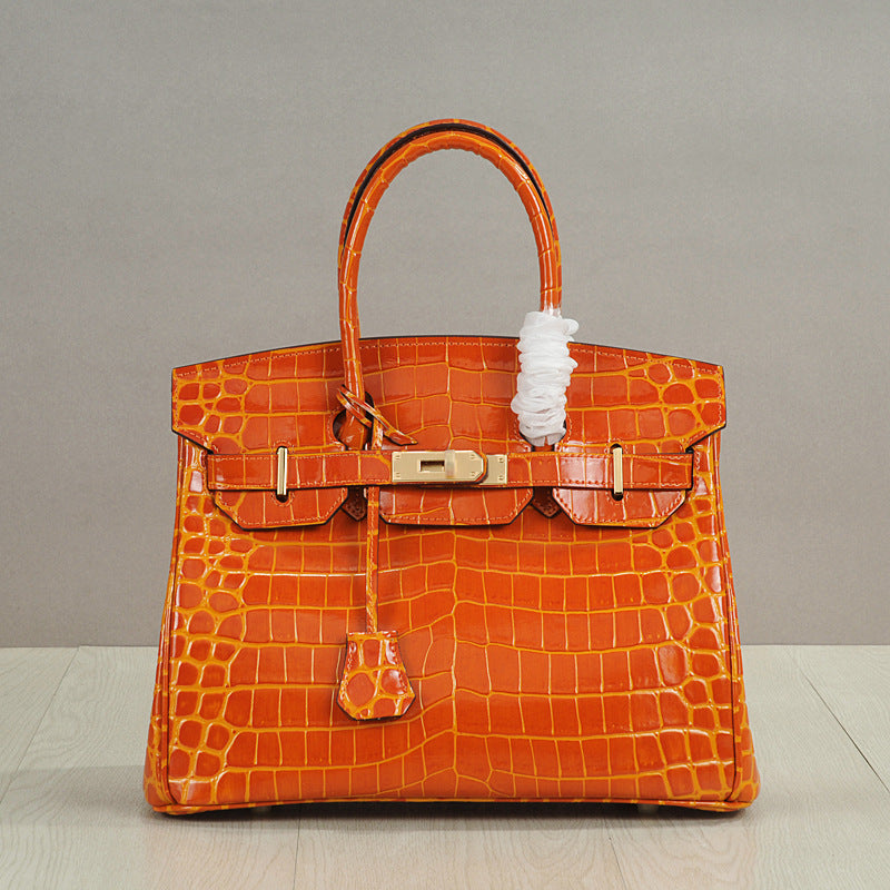 Crocodile Pattern Glossy Leather Handbags for Woman | Golden Hardware