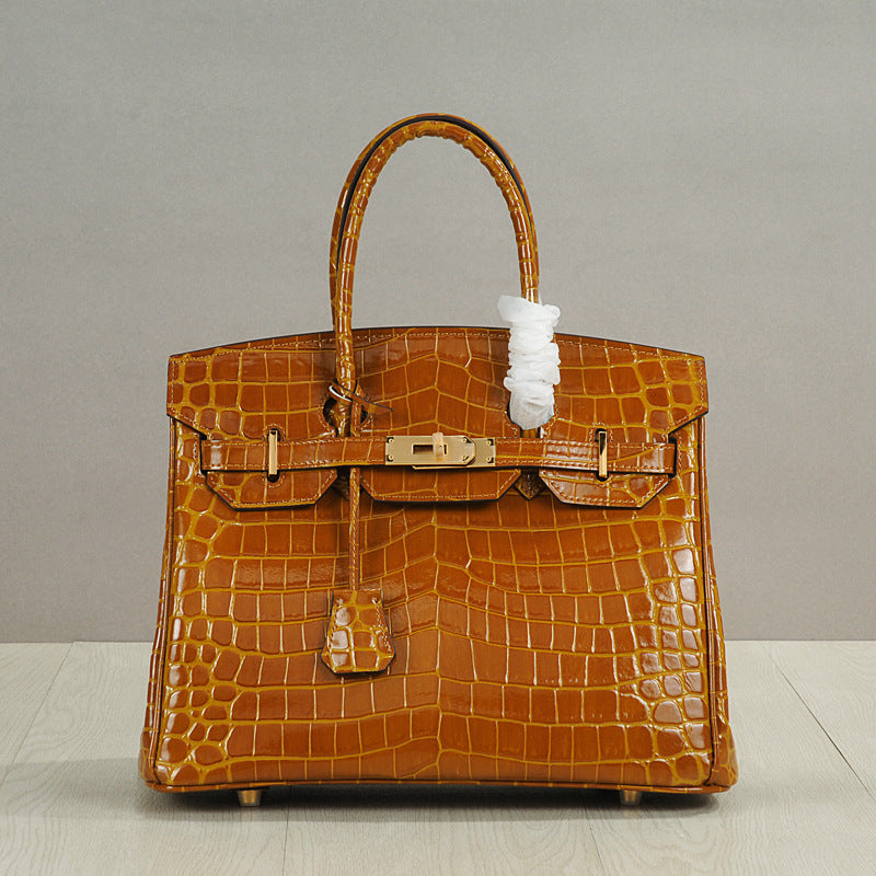 Crocodile Pattern Glossy Leather Handbags for Woman | Golden Hardware