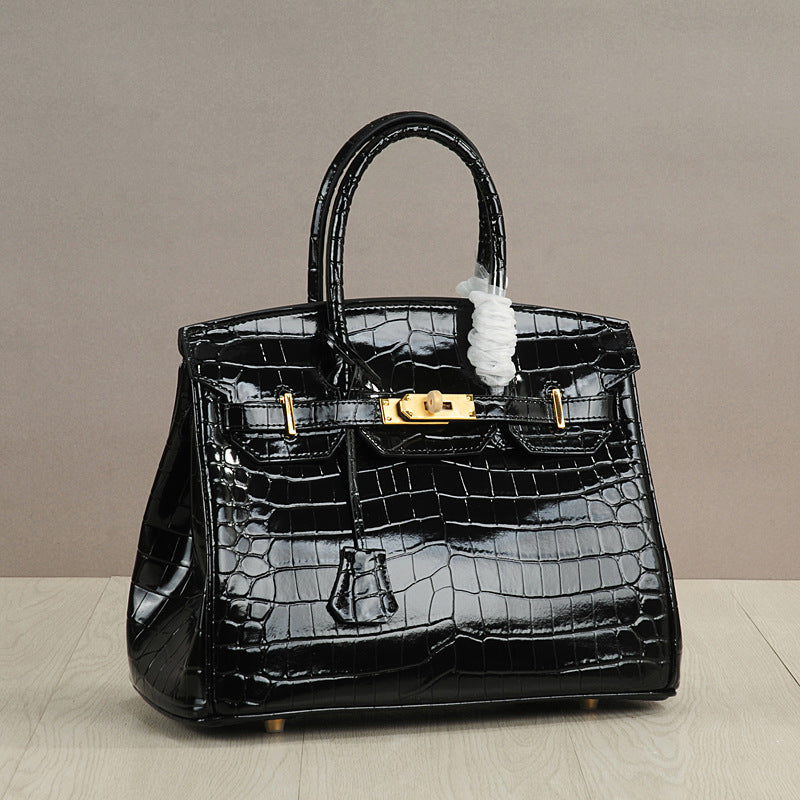 Crocodile Pattern Glossy Leather Handbags for Woman | Golden Hardware