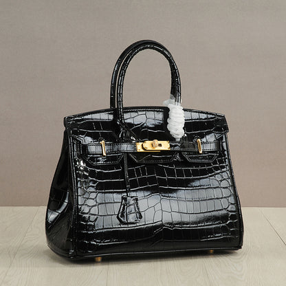 Crocodile Pattern Glossy Leather Handbags for Woman | Golden Hardware