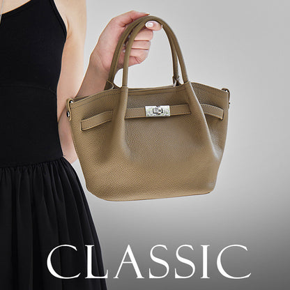 Elegant TC textured leather commuter tote bag in khaki, featuring a 2-way carry design with silver buckle detail.