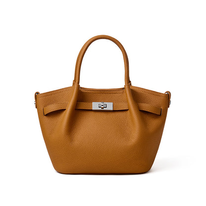  Brown TC textured leather commuter tote bag, 2-way carry small handbag with silver buckle.