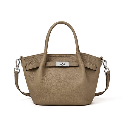 Taupe TC textured leather commuter tote bag, 2-way carry small handbag with silver buckle.