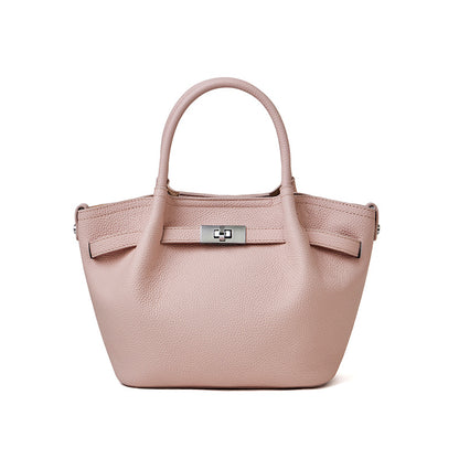 Elegant pink TC textured leather commuter tote bag with silver buckle and 2-way carry handle.