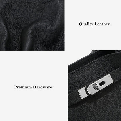 Close-up of black pebbled top-grain leather texture and premium silver turn-lock hardware on a Kelly bucket bag.