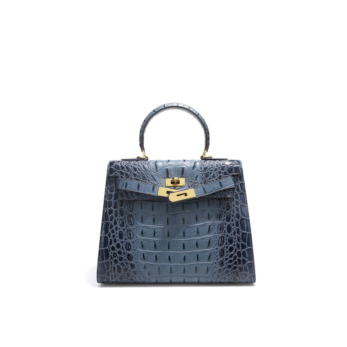Blue crocodile embossed leather Kelly bag with gold-tone hardware.