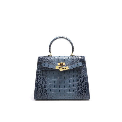Blue crocodile embossed leather Kelly bag with gold-tone hardware.