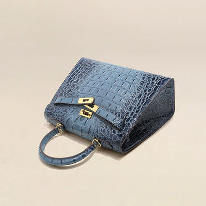 Blue crocodile embossed leather Kelly bag with gold hardware.