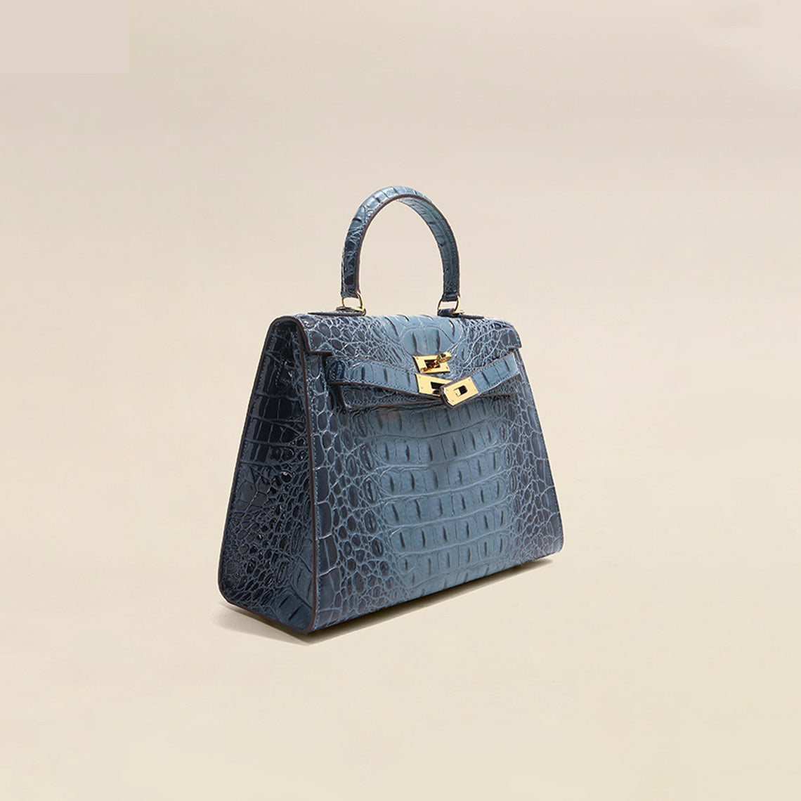 Blue crocodile embossed leather Kelly bag with gold-tone hardware.