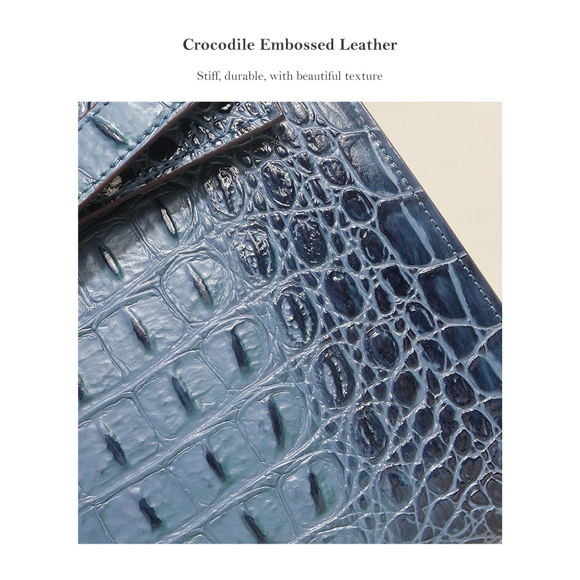 Close-up of blue crocodile embossed leather with rich texture and glossy finish.