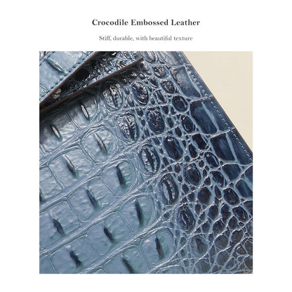 Close-up of blue crocodile embossed leather with rich texture and glossy finish.